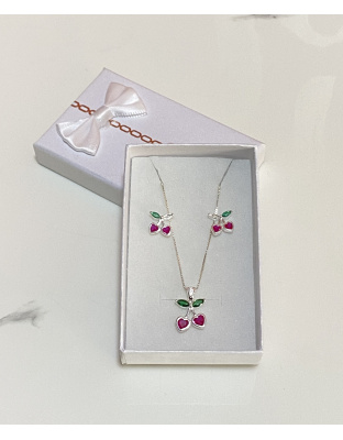 Juego de dije y aretes de cerezas color fucsia Plata925